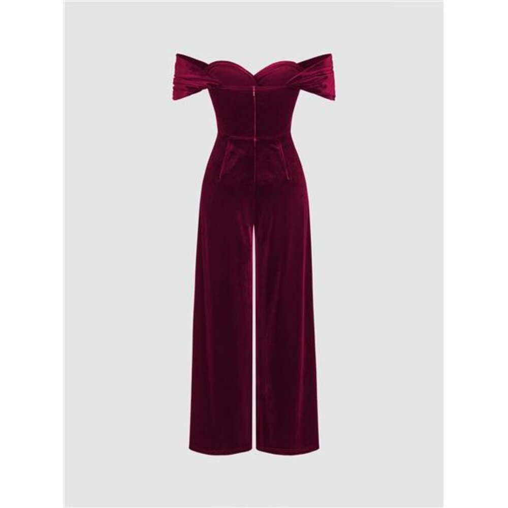 Women's Velvet Off-shoulder Solid Ruched Jumpsuit, Wine - Picture 4 of 5